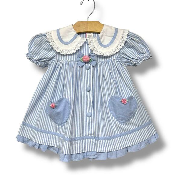 Vintage Baby Togs Dress Girls Sz 24 mo Cotton Striped Lace Pockets Cottage Retro - Picture 1 of 11